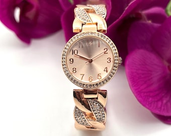 FMD Bracelet Wrist Watch - Rose Gold with Sparkling CZ Diamonds - Quartz Japanese Movement