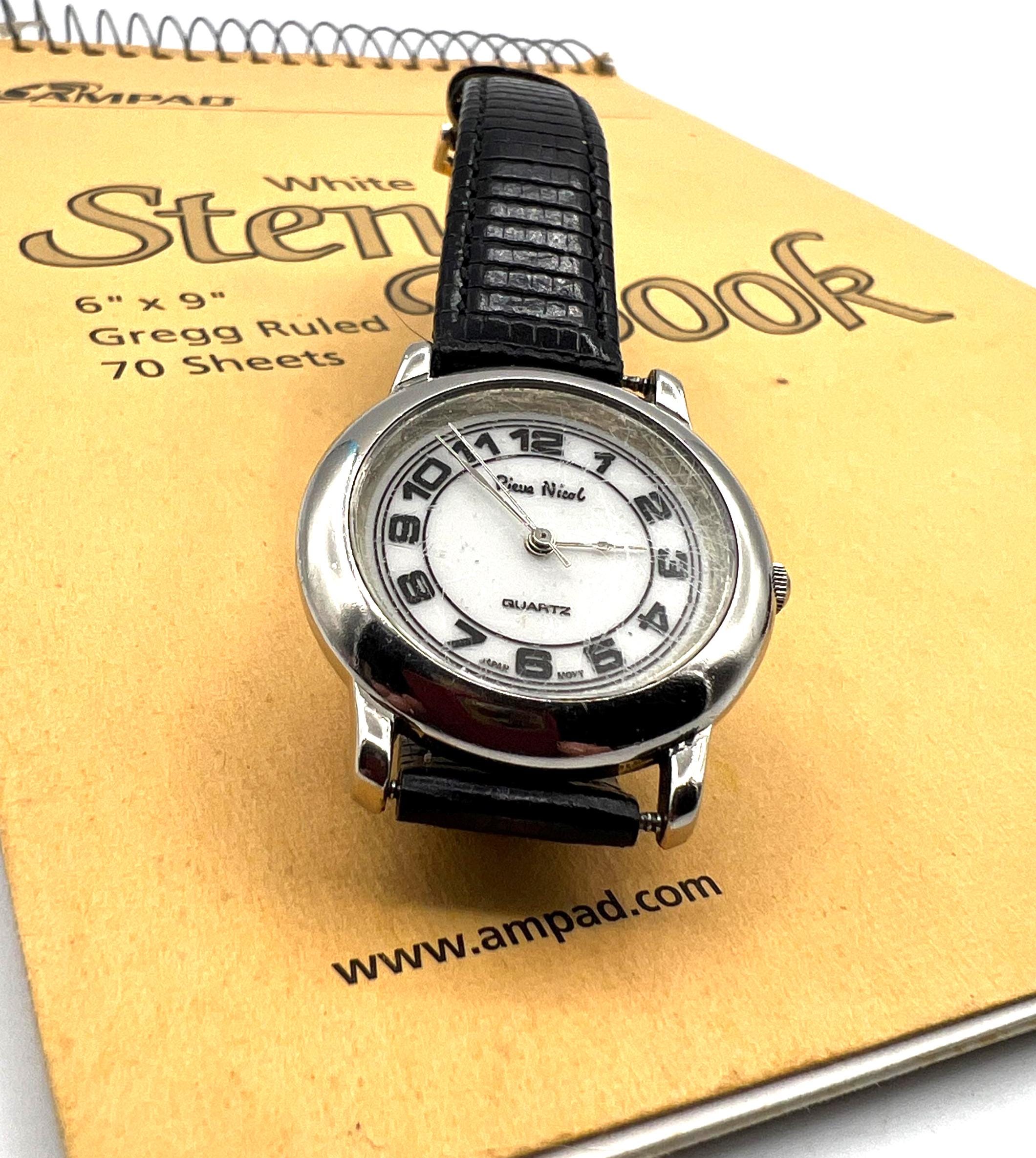 VTG Pierre Nicol Women Watch 24MM Cream Dial New Black Leather Bands New Battery Unisex Wrist Watch, Vintage PIERRE NICOL Moon Phase Quartz  main image 4