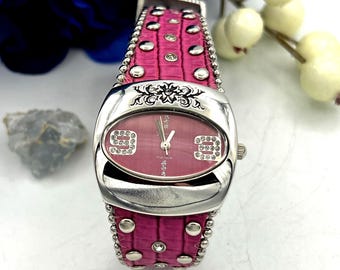 Rare Geneva Pink Leather, Silver Studded Ladies "Rodeo" Wristwatch
