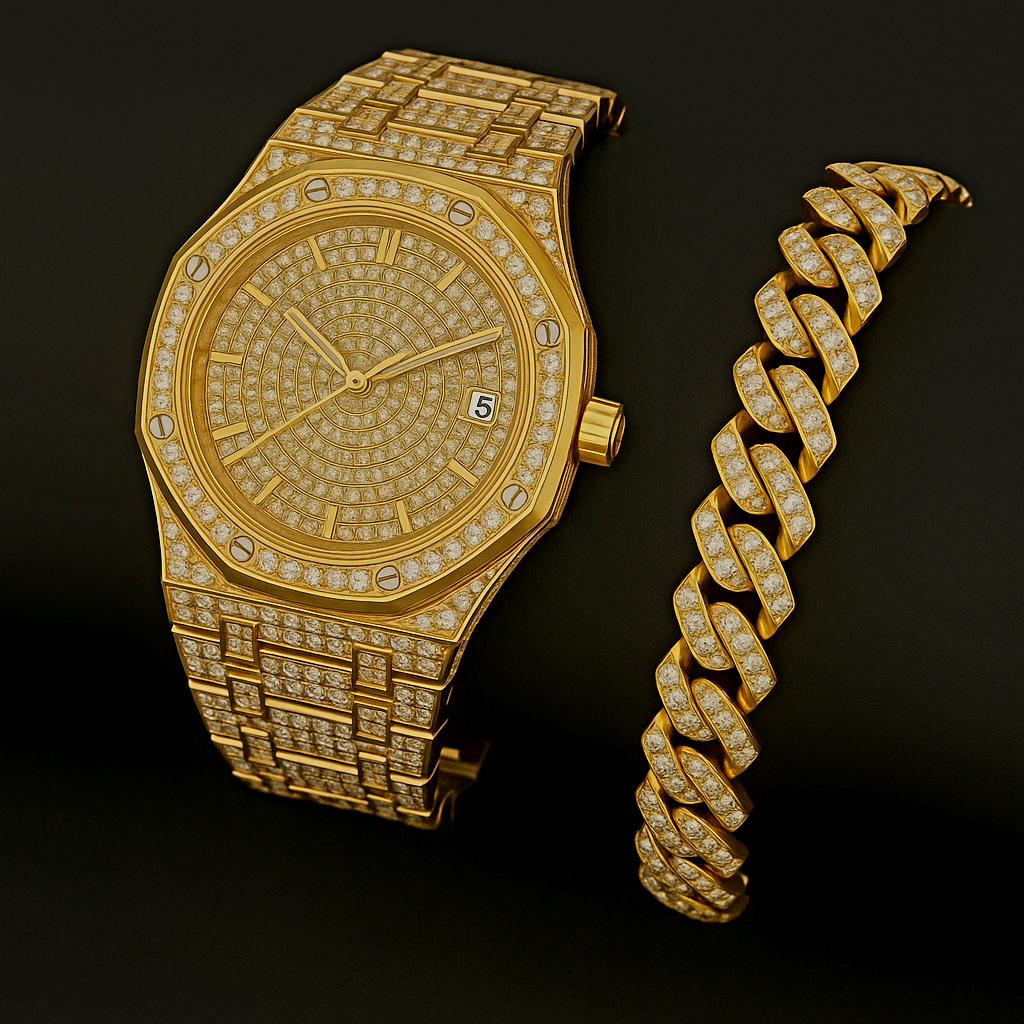 New Ladies Gold CZ iced out quartz watch and matching CZ bracelet set MEN main image 3