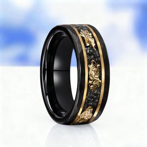 Gold Leaf Tungsten Mens Wedding Band, Hammered Matte Black Ring