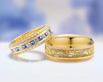 Gold Leaf Tungsten Ring Set, Sapphire Sterling Silver Wedding Bands