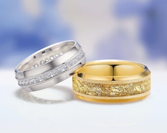 Gold Leaf Tungsten Wedding Bands, Silver Diamond Ring Set