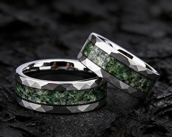 Anillo de tungsteno martillado, anillo de ágata musgosa verde, anillo de bodas para mujeres y hombres, anillo de ágata musgosa, anillo de propuesta, anillo de promesa para él y ella.
