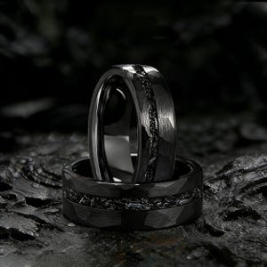 Black Hammered Obsidian Meteorite Tungsten Wedding Band, Galaxy Ring, Gift, 6mm Wide, Meteorite Couple Rings