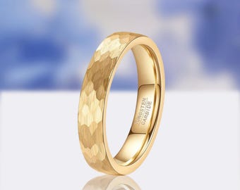 Fede nuziale in tungsteno martellato in oro, anello sottile da 4 mm