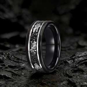 Meteorite Tungsten Men's Wedding Band, Black Hammered Ring, White Gold Leaf Accents