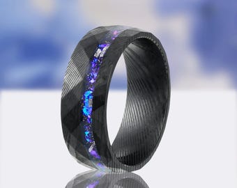 Black Damascus Steel Ring, Crab Nebula, Faceted Hammered Wedding Band