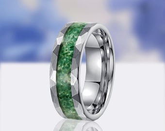 Anillo de tungsteno plateado, anillo de ágata musgosa verde, anillo de boda para mujer y hombre, martillado, anillo de ágata musgosa, anillo de compromiso, anillo de promesa para él y para ella