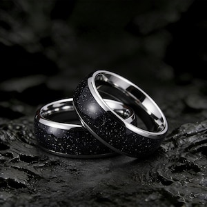 Nebula Blue Sandstone Tungsten Ring, Polished Silver Wedding Band