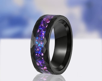 Crab Nebula Hammered Ring, Alexandrite Wedding Band, Black Tungsten, 8mm Outer Space Ring, Black, Polish, Unique Purple Ring, Engraving
