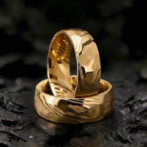 18k Gold Mens Gold Damascus Tungsten Wedding Ring, Engagement Band in 8mm width