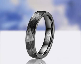 4mm Mens Womens Wedding Band, Hammered Black Ring, Thin Wedding Band, Matte Black Tungsten Ring, Simple and Unique Ring