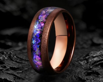 Crab Nebula Ring, Alexandrite, Brown Tungsten Meteorite Ring, 8mm
