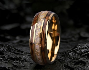 Whiskey Barrel & Gold Leaf And Opal Tungsten Ring, Wedding rings for couples, Promise Ring, Wood Wedding Band 18k, Gift
