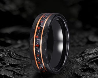 Black Hammered Tungsten Ring, Dinosaur Bone Meteorite Inlay, 8MM Wedding Band