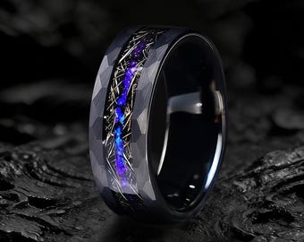 Crab Nebula Hammered Ring, Alexandrite Wedding Band, Meteorite Ring, Black Tungsten Ring, Outer Space Ring, Black, Unique Purple Ring