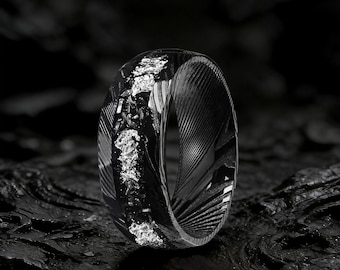 Damascus Tungsten Ring, White Gold Flakes & Meteorite Inlay, Hammered Wedding Band