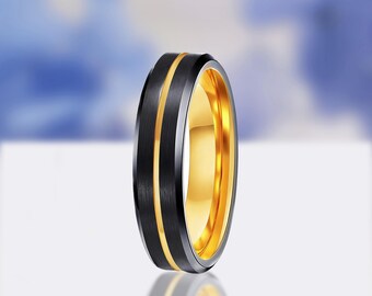 Black Tungsten Wedding Band, Gold Groove Ring, Tungsten Carbide Ring, Anniversary Ring, Men's Black Tungsten Ring, 6mm Tungsten Band