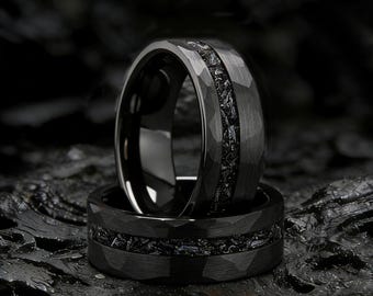 Zwarte gehamerde obsidiaan meteoriet wolfraam trouwring, Galaxy-ring, cadeau