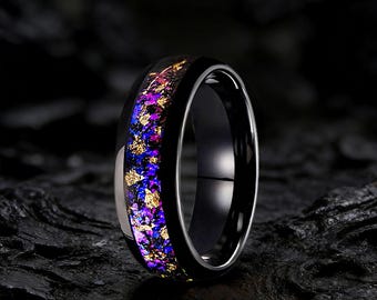 Crab Nebula Ring, Alexandrite Wedding Band, Black Gold Leaf Tungsten Ring, 8mm Outer Space Ring, Engraving Ring, Gift