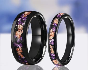 Amethyst Tungsten Ring Set, Black Dome, His and Hers Wedding Bands