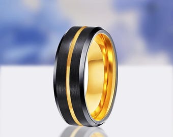 Black Tungsten Wedding Band, Gold Groove Ring, Tungsten Carbide Ring, Anniversary Ring, Men's Black Tungsten Ring, 8mm Tungsten Band