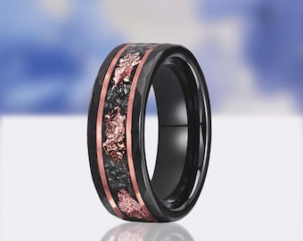 Rose Gold Leaf Tungsten Ring, Hammered Meteorite Wedding Band