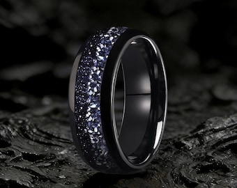 Nebula Blue Sandstone Tungsten Ring, Meteorite Inlay, Space Ring