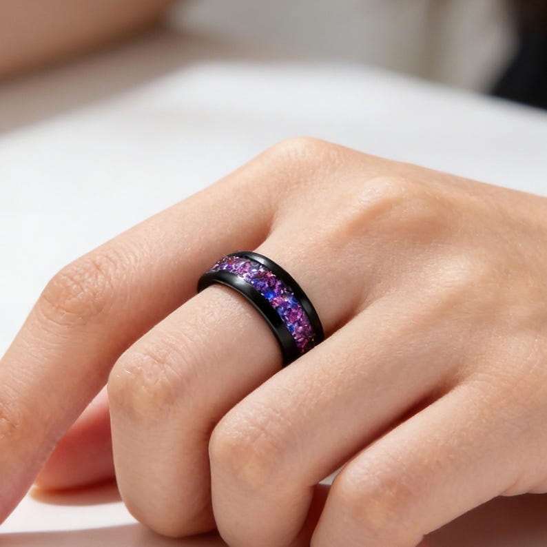 Crab Nebula Ring, Alexandrite Wedding Band, Black Tungsten, 8mm Outer ...