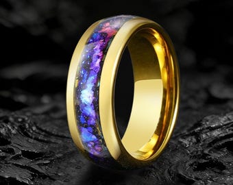 Crab Nebula Ring, Crushed Alexandrite Wedding Band, Gold Tungsten, 8mm Outer Space Ring, Black, Dome, Polish, Unique Purple Ring, Engraving