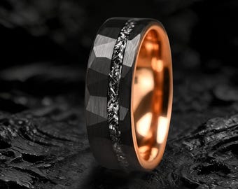 Meteorit Wolframring, Wolframring schwarz, Meteorit Herrenring, Wolframring schwarz, Meteorit Herrenring