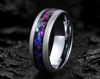 Crab Nebula Ring, Meteorite Alexandrite Tungsten Wedding Band, 8mm
