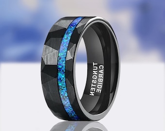Anillo de tungsteno con ópalo azul, alianza de boda de plata martillada, 8 mm
