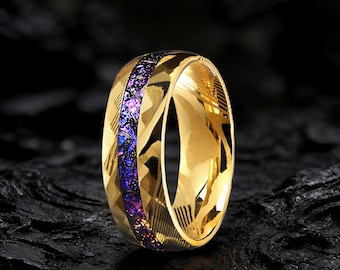 Damascus Tungsten Wedding Ring, Alexandrite Meteorite Inlay, Galaxy Cosmic Band