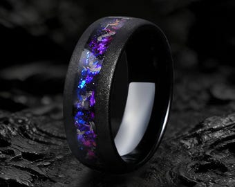 Crab Nebula Ring, Alexandrite Wedding Band, Sandblasted Black Tungsten,Meteorite Ring, 8mm Outer Space Ring, Unique Purple Ring