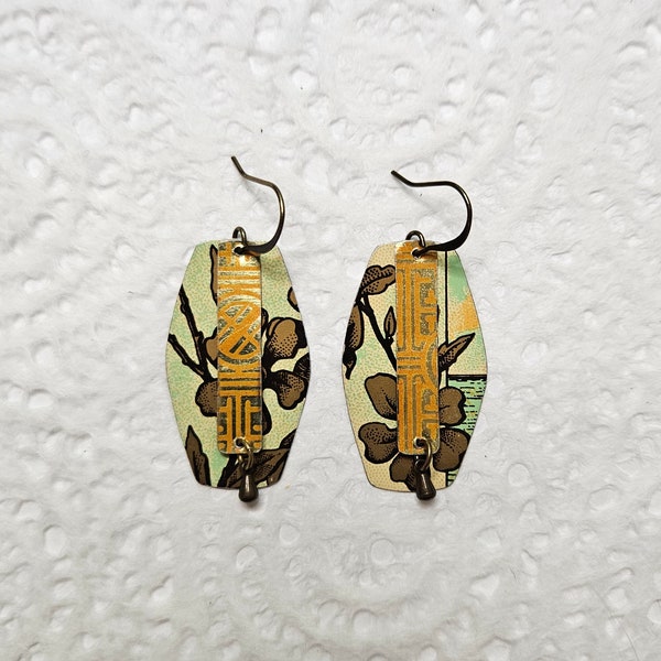 Upcycled Tin Earrings, Lightweight, Repurposed, Brass Drop, Layered, Unique