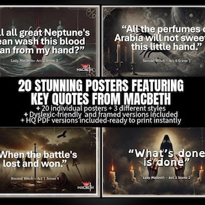 Op de afbeelding: Een verzameling Macbeth-citaatposters. De posters tonen citaten als "Will all great Neptune's ocean wash this blood clean from my hand?" en "All the perfumes of Arabia will not sweeten this little hand."