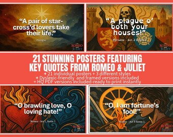Romeo och Julia-citatposters – GCSE engelska klassrumsdekor (PDF-set)