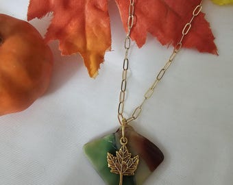 Stained Glass Leaf Pendant Necklace: Upcycled Boho Jewelry
