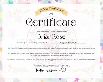 Editable Tooth Fairy Certificate: First Lost Tooth Keepsake (Digital File Only)