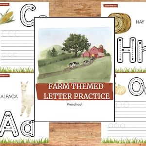 May include: Farm-themed letter practice sheets for preschool. The image shows several pages with illustrations of a corn, hay, and an alpaca. The pages also include the letters C, H, O, and A, with tracing lines for practice.