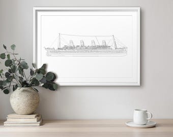 Titanic Line Art Drawing – RMS Titanic Printable Wall Art – Historical Ship Illustration – Black & White Nautical Decor – Instant Download