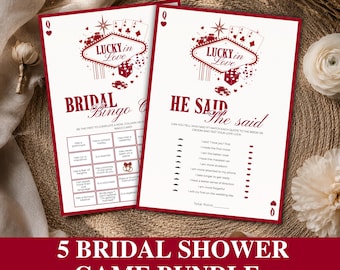 Lucky In Love Bridal Shower Game Bundle • Las Vegas Bachelorette • Casino • 5 Bridal Games •  Editable and Instant Download • Vintage Red