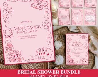 Lucky In Love Bridal Shower Bundle • Las Vegas Bachelorette • Casino • Red and Pink Theme • Editable 30 Games • Welcome Sign • Invitation
