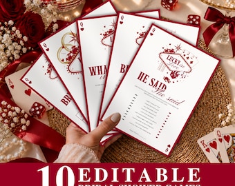 May include: A set of white bridal shower game cards with red text and casino-themed graphics, including the phrase Lucky in Love and He Said She Said. The cards feature playing card suit symbols and are arranged in a fan shape against a festive background.