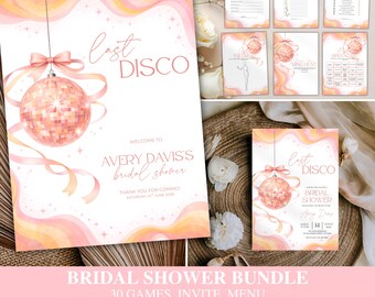 Last Disco Bridal Shower Game Bundle • Pink Retro Disco Bachelorette Party • 30 Bridal Shower Games • Editable Welcome Sign • Invitation