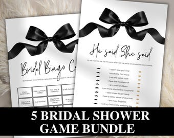 She's Tying the Knot Bridal Shower Game Bundle • Black Bow Theme • Editable 5 Bridal Shower Games • Black Ribbon Wedding Shower Games