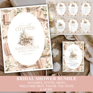 May include: A bridal shower stationery bundle featuring a book-themed design with open books, floral accents, and gold text. The set includes an invitation, welcome sign, and various game cards like bingo and pictionary, all with a cohesive aesthetic.