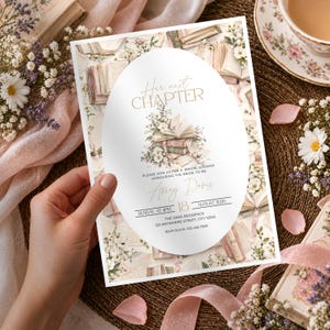 May include: A rectangular bridal shower invitation card featuring a central oval white space with the text Her next CHAPTER, PLEASE JOIN US FOR A BRIDAL SHOWER HONOURING THE BRIDE-TO-BE, Avery Davis, 18 AUGUST 2028, and event details.